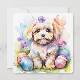 Happy Easter Card Cute Maltipoo Watercolor Dog