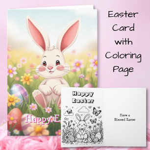 Happy Easter   Cartoon Bunny Inside Colouring Page Card