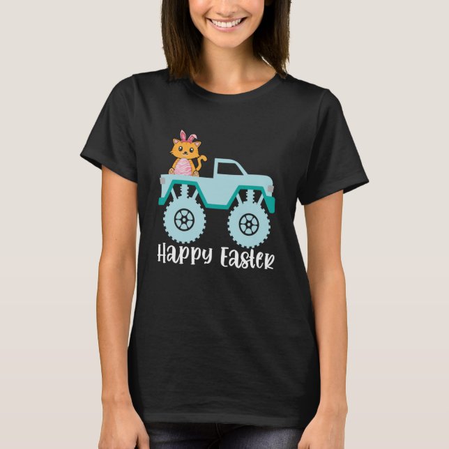 Happy Easter Cat Riding Monster Truck Toddler Pull T-Shirt (Front)