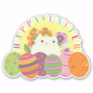 Happy Easter Cat Sticker Cute Eggs Floral