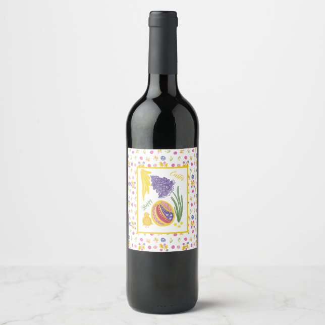 Happy Easter chick, egg, grape hyacinth pattern Wine Label (Front)