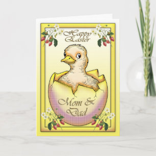 Happy Easter chick with egg, for Mom and Dad Holiday Card