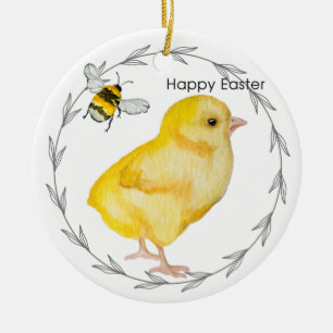 Happy Easter chicken and spring flowers Ceramic Ornament