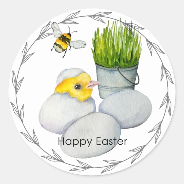 Happy Easter chicken and spring flowers Classic Round Sticker (Front)