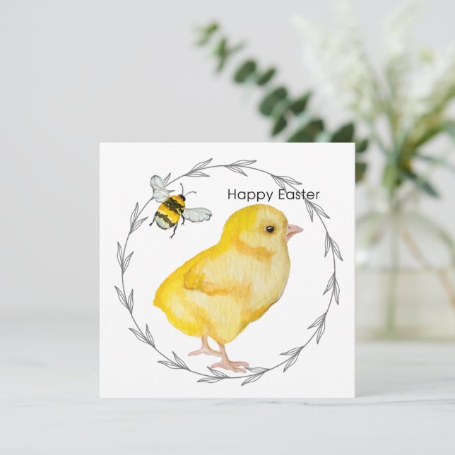 Happy Easter chicken and spring flowers Invitation (Standing Front)