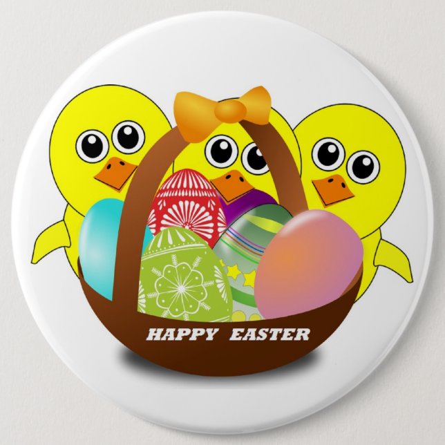 "HAPPY EASTER" CHICKS 6 INCH ROUND BUTTON (Front)