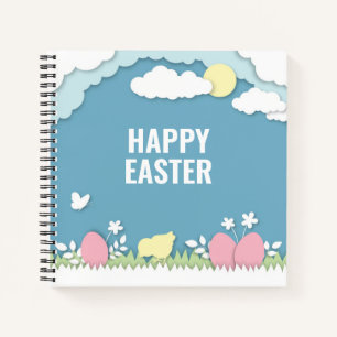 Happy easter chicks and egg in nature notebook