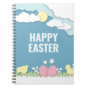 Happy easter chicks and egg in nature notebook