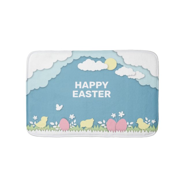Happy Easter chicks and eggs papercut modern Bath Mat (Front)