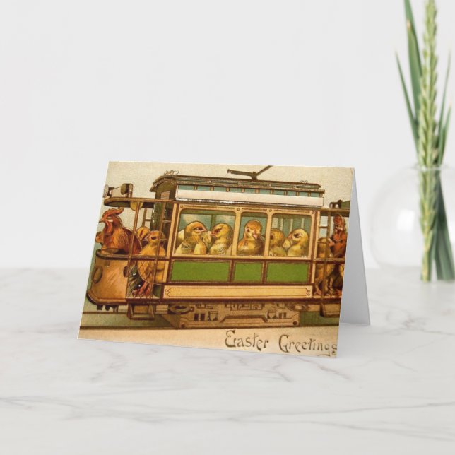Happy Easter Chicks in a Trolley with Roosters Holiday Card (Front)