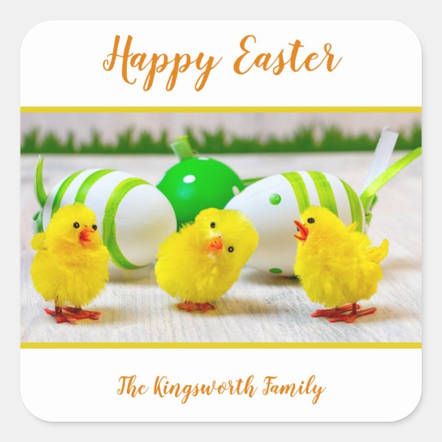 Happy Easter chicks with egg personalized Square Sticker (Front)