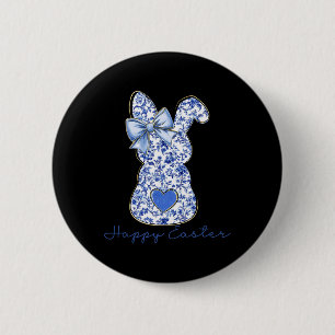 Happy Easter Chinoiserie Floral Bunny Cute Blue Bo 2 Inch Round Button