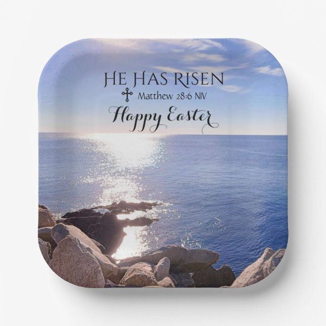 Happy Easter Christ has Risen Blue Ocean Photo Paper Plate (Front)