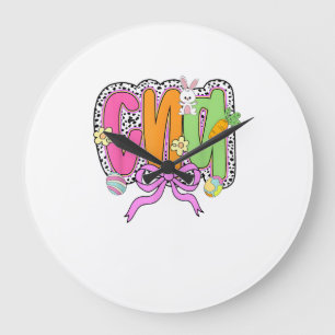 Happy Easter CNA Nurse Coquette Bow Bunny Eggs Wom Large Clock