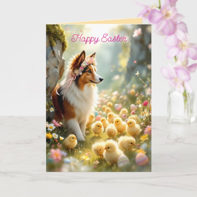 Happy Easter Collie and Chicks Card (Orchid)