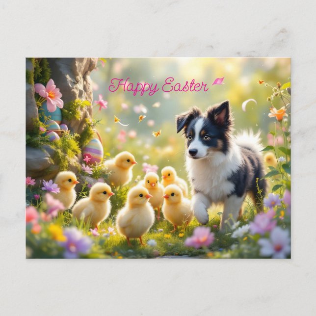 Happy Easter Collie and Chicks Postcard (Front)
