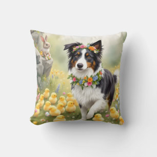 Happy Easter Collie and Chicks Throw Pillow