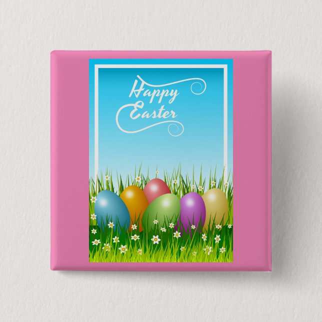 "HAPPY EASTER" COLORFUL EASTER EGGS 2 INCH SQUARE BUTTON (Front)