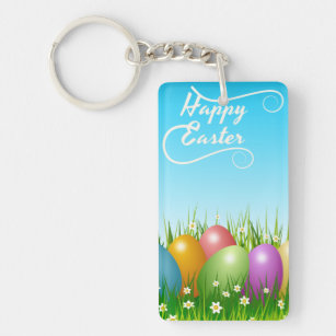 "HAPPY EASTER" COLORFUL EASTER EGGS KEYCHAIN