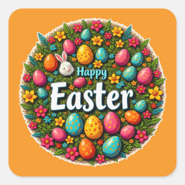 Happy Easter – Colorful Egg Wreath Autocolante Square Sticker (Front)