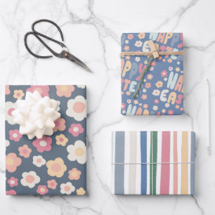 Happy Easter Colorful Modern Stripes Daisies Cute Wrapping Paper Sheet