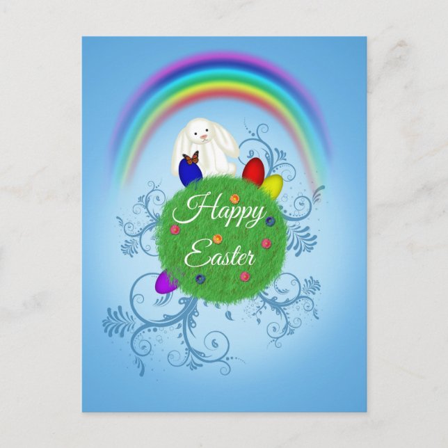 Happy Easter Colorful Planet & Rainbow Cute Bunny Holiday Postcard (Front)