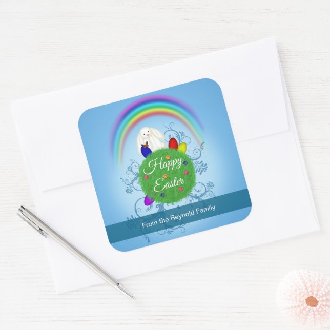 Happy Easter Colorful Rainbow & Planet Cute Bunny Square Sticker (Envelope)