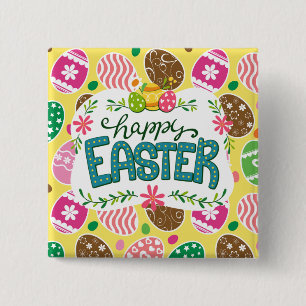 Happy Easter Colourful Easter Eggs Pattern Yellow 2 Inch Square Button