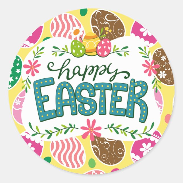 Happy Easter Colourful Easter Eggs Pattern Yellow Classic Round Sticker (Front)