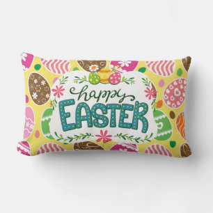 Happy Easter Colourful Easter Eggs Pattern Yellow Lumbar Pillow