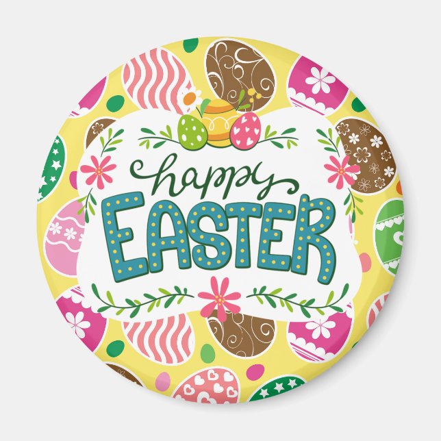 Happy Easter Colourful Easter Eggs Pattern Yellow Magnet (Front)