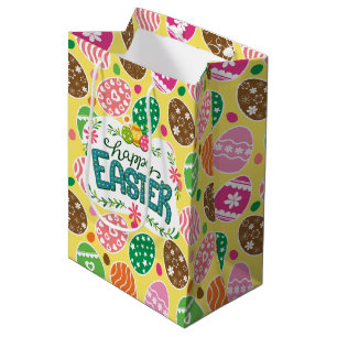 Happy Easter Colourful Easter Eggs Pattern Yellow Medium Gift Bag
