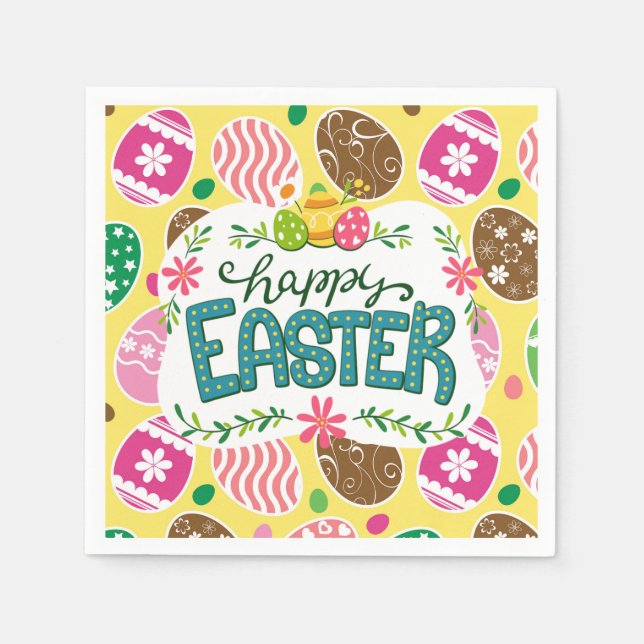 Happy Easter Colourful Easter Eggs Pattern Yellow Napkin (Front)