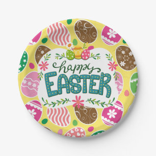 Happy Easter Colourful Easter Eggs Pattern Yellow Paper Plate