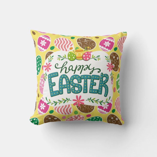 Happy Easter Colourful Easter Eggs Pattern Yellow Throw Pillow (Front)