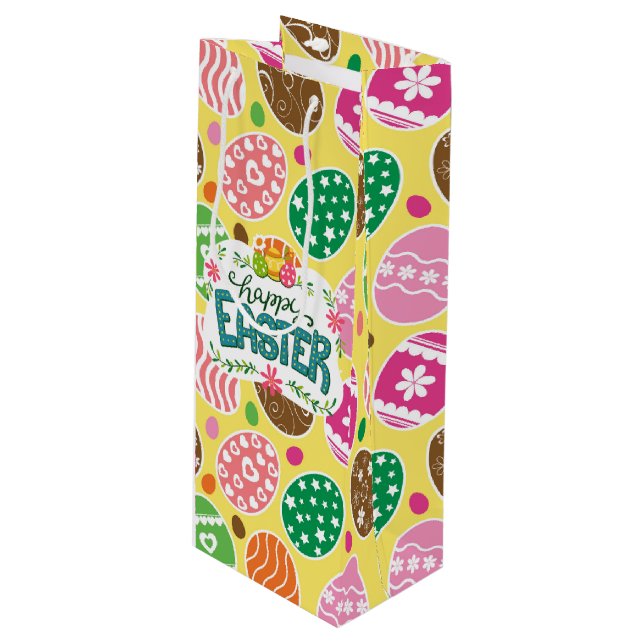 Happy Easter Colourful Easter Eggs Pattern Yellow Wine Gift Bag (Front Angled)