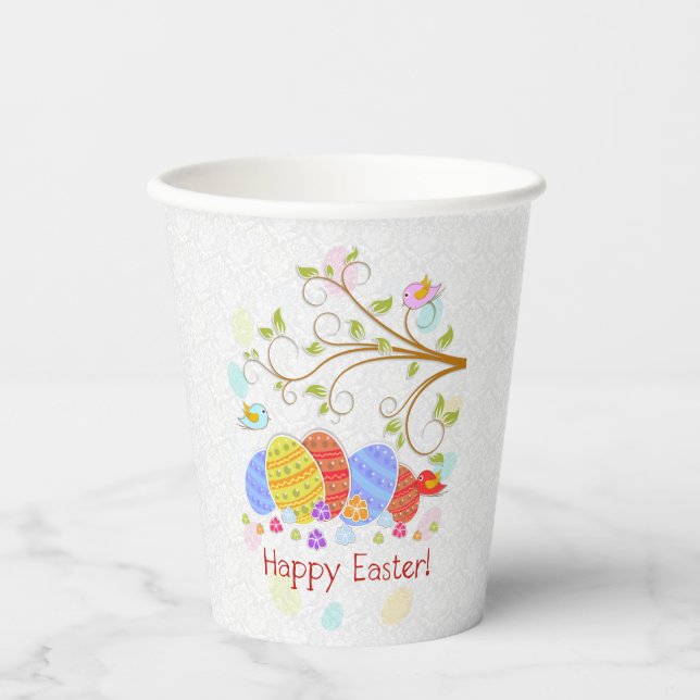 Happy Easter- Colourful Eggs And Birds Flowers Pap Paper Cups (Front)