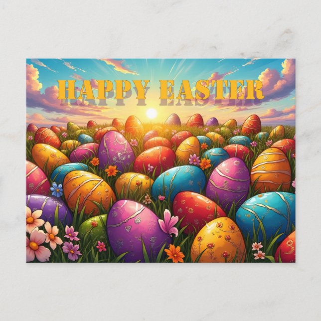 Happy Easter Colourful Eggs in Spring Meadow Postcard (Front)