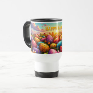 Happy Easter Colourful Eggs in Spring Meadow Travel Mug