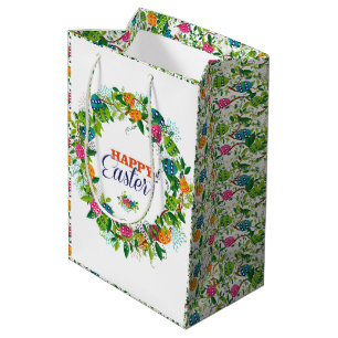 Happy Easter Colourful Flowers & Eggs Wreath Medium Gift Bag