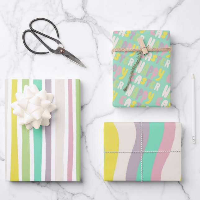  Happy Easter Colourful Modern Stripes Pastel Wrapping Paper Sheet (Front)
