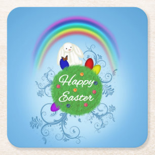 Happy Easter Colourful Planet Square Paper Coaster