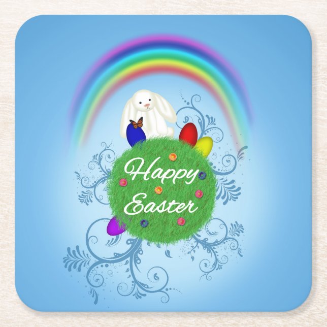 Happy Easter Colourful Planet Square Paper Coaster (Front)