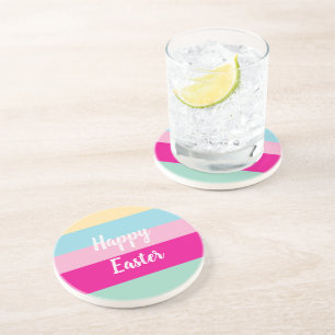 Happy Easter Colourful Stripes Pattern  Coaster