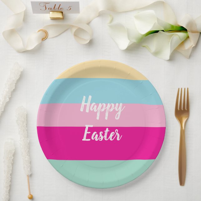 Happy Easter Colourful Stripes Pattern Throw Pillo Paper Plate (Wedding)