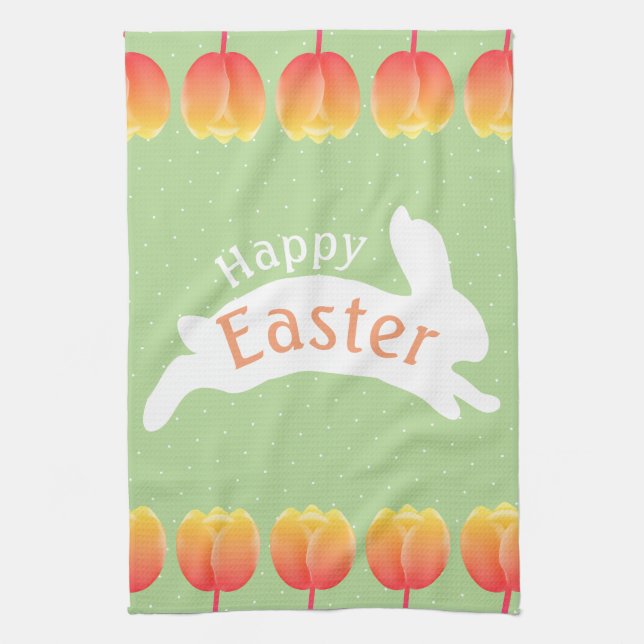 Happy Easter Colourful Tulips & Rabbit Kitchen Towel (Vertical)