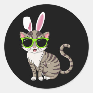 Happy Easter Cool Cat With Bunny Ears and Glasses  Classic Round Sticker