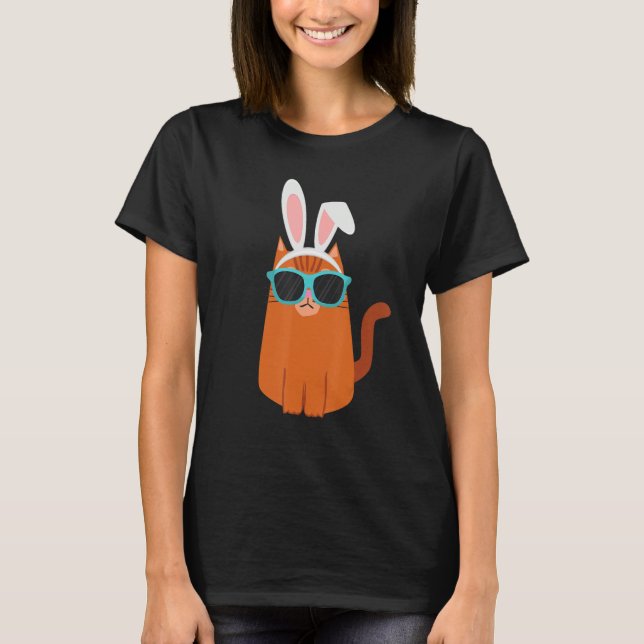 Happy Easter Cool Cat With Bunny Ears and Glasses  T-Shirt (Front)