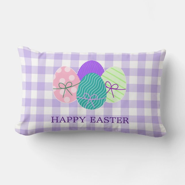Happy Easter Country Lavender Gingham Pattern Lumbar Pillow (Front)