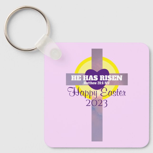 Happy Easter Cross Bible Verse Custom Year Purple Keychain (Front)